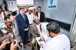 Governor Sindh Syed Muhammad Nehal Hashmi, talks to the media during the Pakistan Eye Bank Society’s one-day awareness and diagnostic eye camp at Governor House.