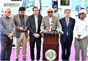 Governor Sindh Syed Muhammad Nehal Hashmi, talks to the media during the Pakistan Eye Bank Society’s one-day awareness and diagnostic eye camp at Governor House.