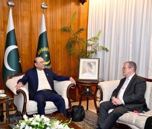 President Asif Ali Zardari meeting Ambassador of France Nicolas Galey, who paid a farewell call on him at Aiwan-e-Sadr