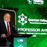 Federal Minister for Planning, Development and Special Initiatives Ahsan Iqbal addressing the Launch Ceremony of Quantum Valley Pakistan, titled "Shaping Pakistan's Innovation & Technology Future," at the Pak-China Friendship Centre