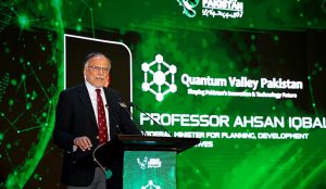 Federal Minister for Planning, Development and Special Initiatives Ahsan Iqbal addressing the Launch Ceremony of Quantum Valley Pakistan, titled "Shaping Pakistan's Innovation & Technology Future," at the Pak-China Friendship Centre
