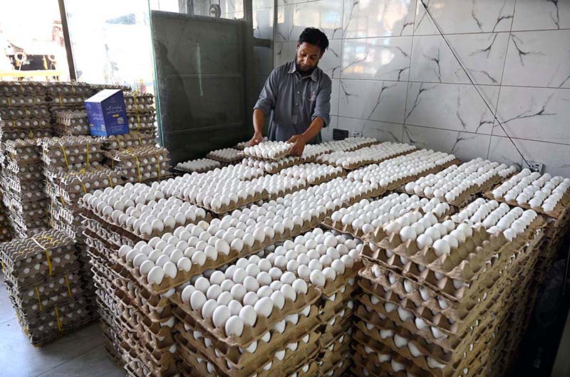 A shopkeeper arranging egg's crates at his shop at Muslim bazaar