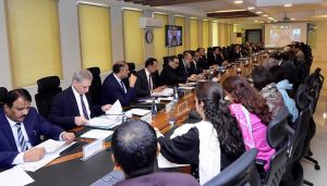 Federal Minister for Finance and Revenue, Senator Muhammad Aurangzeb, chairing a meeting of the Economic Coordination Committee (ECC) at the Finance Division