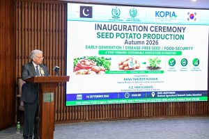 Federal Minister for National Food Security & Research, Rana Tanveer Hussain, addressing the inauguration ceremony of the Potato Seed Production Program at NARC
