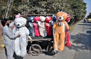 A soft-toy vendor attracts customers by decorating his handcart with colourful giants teddy bears for children along Wahdat Road.