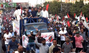 Chairman Muttahida Qaumi Movement-Pakistan (MQM-P) Khalid Maqbool Siddiqui and others lead a ‘Qaumi March’ rally at Quaid’s Mausoleum