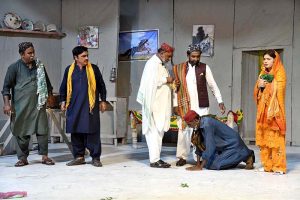 Artists perform the Sindhi drama “Sikraat,” jointly presented by the Arts Council of Pakistan Karachi and Larkana, during the Sindh Theatre Festival 2026 at the Z.A. Bhutto Open-Air Theatre, Arts Council Larkana