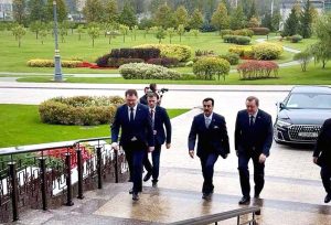 Chairman Senate Syed Yousaf Raza Gilani arrives to lay a wreath at the Victory Monument, paying tribute to the feat of the heroes who defended peace and freedom in Minsk, Belarus.