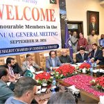 Newly elected President SCCI Khawar Hussain Sapal is addressing the Chamber of Commerce's annual meeting