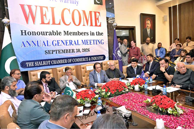 Newly elected President SCCI Khawar Hussain Sapal is addressing the Chamber of Commerce's annual meeting