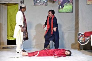 Artists perform the Sindhi drama “Sikraat,” jointly presented by the Arts Council of Pakistan Karachi and Larkana, during the Sindh Theatre Festival 2026 at the Z.A. Bhutto Open-Air Theatre, Arts Council Larkana