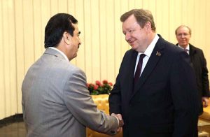 Chairman Senate Syed Yousaf Raza Gilani arrives to lay a wreath at the Victory Monument, paying tribute to the feat of the heroes who defended peace and freedom in Minsk, Belarus.