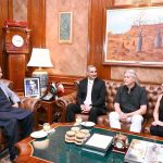 Governor Sindh Syed Mohammad Nahal Hashmi is meeting with Austria's Honorary Consul General Dr. Hussain Islam at the Governor House. Austrian artists Robert Pawlik and Ms. Michaela Rabitsch are also present at the meeting