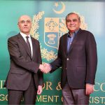 Federal Minister for Interior Mohsin Naqvi shaking hands with Lebanon Interior Minister Ahmad Al- Hajjar during his visit to the Ministry of Interior