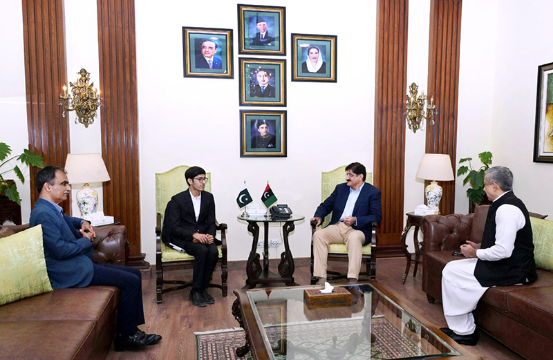 Sindh Chief Minister Syed Murad Ali Shah meets Hans Raj, a visually impaired student from Thano Bula Khan, at the Chief Minister House
