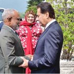 Speaker National Assembly Sardar Ayaz Sadiq receiving Speaker of the People's Majlis of Maldives Mr. Abdul Raheem Abdulla on his arrival at Parliament House