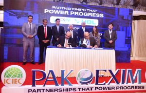 CEO Pak EXIM Bank Shahbaz H. Syed and CEO HBL Muhammad Nassir Salim signing the Maiden Bank Master Policy (BMP) agreement during the “Partnerships That Power Progress” event at local hotel.