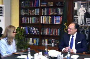 Federal Minister for Finance & Revenue, Senator Muhammad Aurangzeb, meeting with ACCA Global Executive Director, Ms. Lucia Real-Martin, along with ACCA Pakistan representatives, at the Finance  Division today to discuss talent development, IT-enabled services and SME growth.