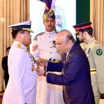 President Asif Ali Zardari conferring Nishan-i-Imtiaz (Military) upon Admiral Dr. Muhammad Ali, Chief of the Indonesian Navy, at Aiwan-e-Sadr