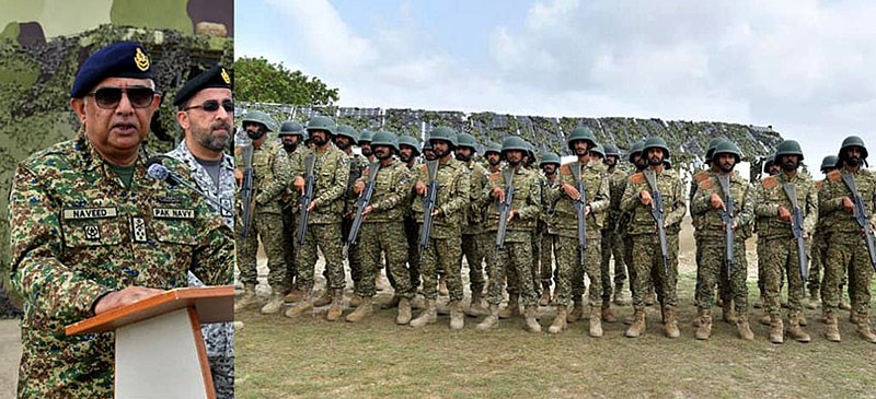 Chief of the Naval Staff Admiral Naveed Ashraf addressing troops at Creeks Area during Exercise SEASPARK 2026