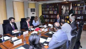 Federal Minister for Finance & Revenue, Senator Muhammad Aurangzeb, meeting with ACCA Global Executive Director, Ms. Lucia Real-Martin, along with ACCA Pakistan representatives, at the Finance Division today to discuss talent development, IT-enabled services and SME growth.