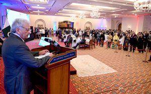 Federal Minister for National Food Security and Research Rana Tanveer Hussain addresses a gathering during Malaysia’s 69th National Day celebration at a local hotel