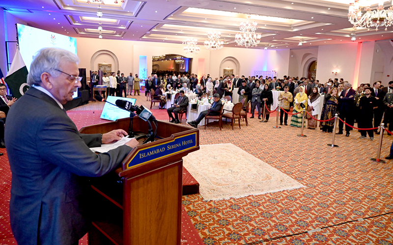 Federal Minister for National Food Security and Research Rana Tanveer Hussain addresses a gathering during Malaysia’s 69th National Day celebration at a local hotel
