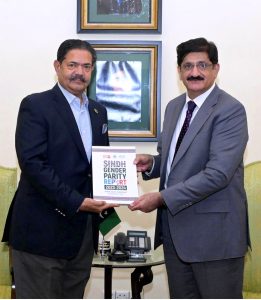 Sindh Chief Minister Syed Murad Ali Shah receives the Sindh Gender Parity Report 2023-24 from Special Assistant to the Chief Minister on Human Rights Rajvir Singh Sodho at the CM House