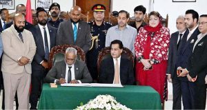 Speaker of the People's Majlis of Maldives Mr. Abdul Raheem Abdulla inscribing his remarks in Visitor Book in Parliament House