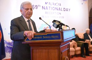Federal Minister for National Food Security and Research Rana Tanveer Hussain addresses a gathering during Malaysia’s 69th National Day celebration at a local hotel