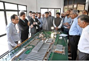 Federal Minister for Railways Muhammad Hanif Abbasi chairs a meeting with staff during his visit to Pakistan Locomotive Factory.