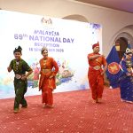 Malysian artists and performing their tadation dance during celebrations marking Malaysia's 69th National Day at a local hotel