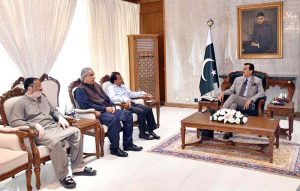 Acting President Syed Yousuf Raza Gilani in a meeting with Dr Kaleem Zaidi and Syed Sajjad Bukhari, Resident Editor, Khabrain Multan, at Aiwan-e-Sadr.