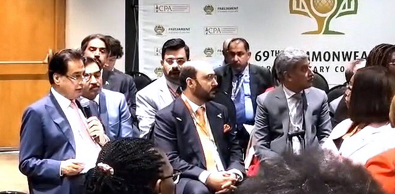 Speaker National Assembly Sardar Ayaz Sadiq addressing the participants of Workshop on "Parliamentary Leadership in Promoting Climate Adaptation and Resilience" during the 69th Commonwealth Parliamentary Conference
