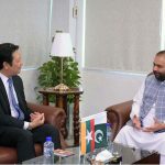 Ambassador of the Republic of the Union of Myanmar to Pakistan, Wunna Han calls on Federal Minister for National Heritage and Culture Aurangzeb Khan Khichi at his office
