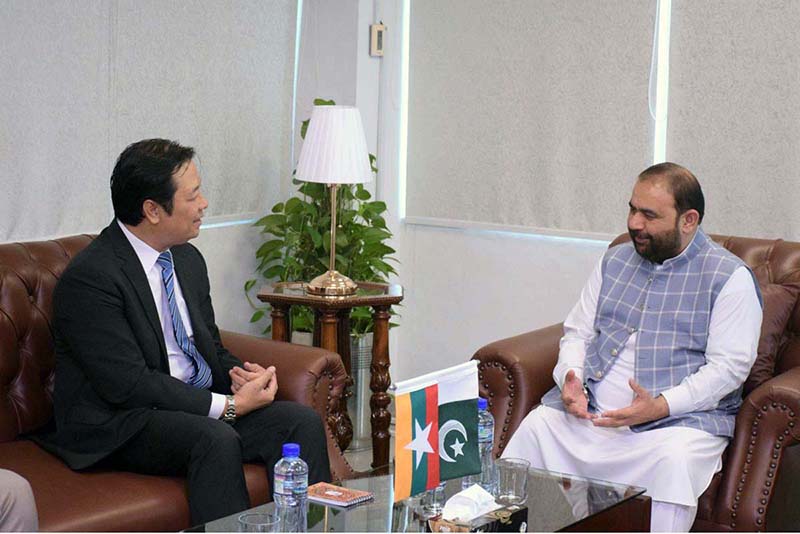 Ambassador of the Republic of the Union of Myanmar to Pakistan, Wunna Han calls on Federal Minister for National Heritage and Culture Aurangzeb Khan Khichi at his office