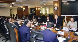 Federal Minister for Finance and Revenue, Senator Muhammad Aurangzeb, meeting with ADB Vice President (South, Central & West Asia), Mr. Yingming Yang, along with his team, at the Finance Division today to discuss expanded cooperation on reforms, access to finance for SMEs, private-sector development and export-led growth.