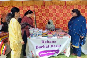 Women entrepreneurs, including women with disabilities, showcase their products and skills at the Women’s Economic Empowerment and Market Linkage Exhibition organized by Bedari at the District Malir Football Ground, Memon Goth.