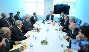 Prime Minister Muhammad Shehbaz Sharif meets with the President of Islamic Republic of Iran, Dr. Masoud Pezeshkian on the sidelines of the 81st Session of United Nations General Assembly (UNGA).