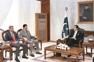 Acting President Syed Yousuf Raza Gilani in a meeting with Governor Khyber Pakhtunkhwa, Mr. Faisal Karim Kundi and PPP Parliamentary Leader in the Khyber Pakhtunkhwa Assembly Mr. Ahmad Karim Kundi at Aiwan-e-Sadr.