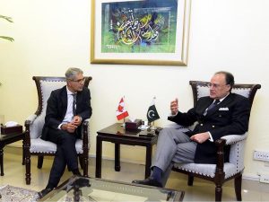 Federal Minister for Finance and Revenue, Senator Muhammad Aurangzeb, meeting with High Commissioner of Canada to Pakistan, H.E. Mr. Tarik Ali Khan, at the Finance Division today to discuss trade, investment and bilateral economic cooperation