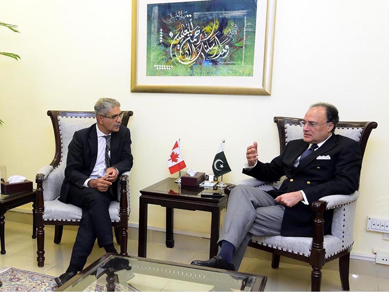 Federal Minister for Finance and Revenue, Senator Muhammad Aurangzeb, meeting with High Commissioner of Canada to Pakistan, H.E. Mr. Tarik Ali Khan, at the Finance Division today to discuss trade, investment and bilateral economic cooperation
