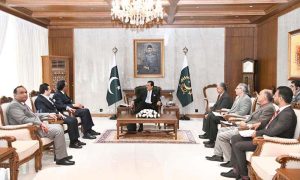 Acting President Syed Yousuf Raza Gilani meeting former Federal Minister Syed Jalil Abbas Jilani at Aiwan-e-Sadr.