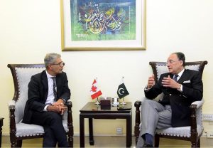 Federal Minister for Finance and Revenue, Senator Muhammad Aurangzeb, meeting with High Commissioner of Canada to Pakistan, H.E. Mr. Tarik Ali Khan, at the Finance Division today to discuss trade, investment and bilateral economic cooperation