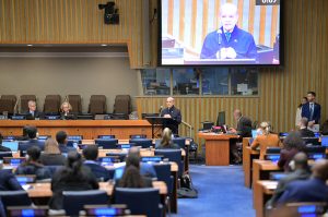 Prime Minister Muhammad Shehbaz Sharif addressing a high-level meeting at the United Nations Headquarters marking the 40th anniversary of the Declaration on the Right to Development