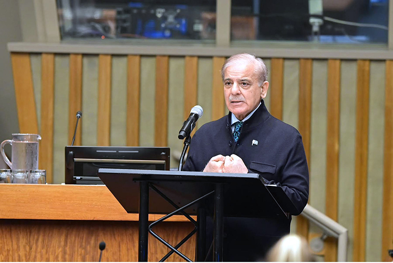 Prime Minister Muhammad Shehbaz Sharif addressing a high-level meeting at the United Nations Headquarters marking the 40th anniversary of the Declaration on the Right to Development
