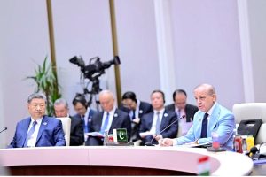 Prime Minister Muhammad Shehbaz Sharif addresses the SCO+ meeting at the SCO Council of Heads of State Summit.