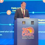 Federal Minister for Planning, Development and Special Initiatives Ahsan Iqbal addressing in a session of the 25th Central Asia Regional Economic Cooperation (CAREC) Ministerial Conference