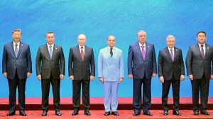 Prime Minister Muhammad Shehbaz Sharif in a group photo with heads of States at the SCO Council of Heads of State Summit.