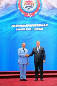The President of Kyrgyzstan, Sadyr Nurgozhoevich Japarov welcomes Prime Minister Muhammad Shehbaz Sharif at the SCO Council of Heads of State Summit.